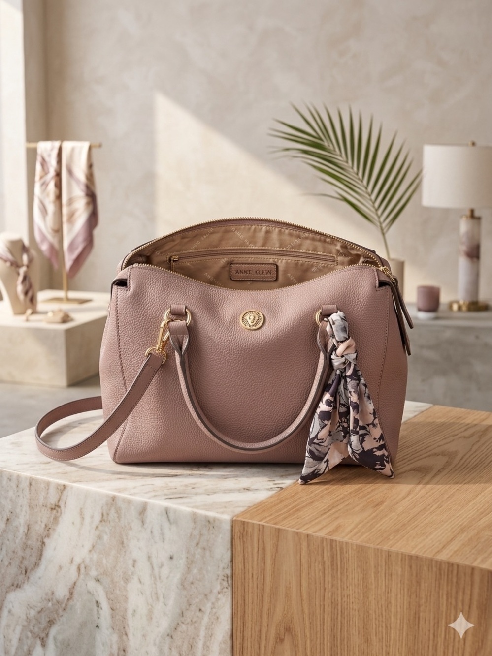 Anne Klein Blush Pebble Leather Shoulder Satchel with Scarf Accent